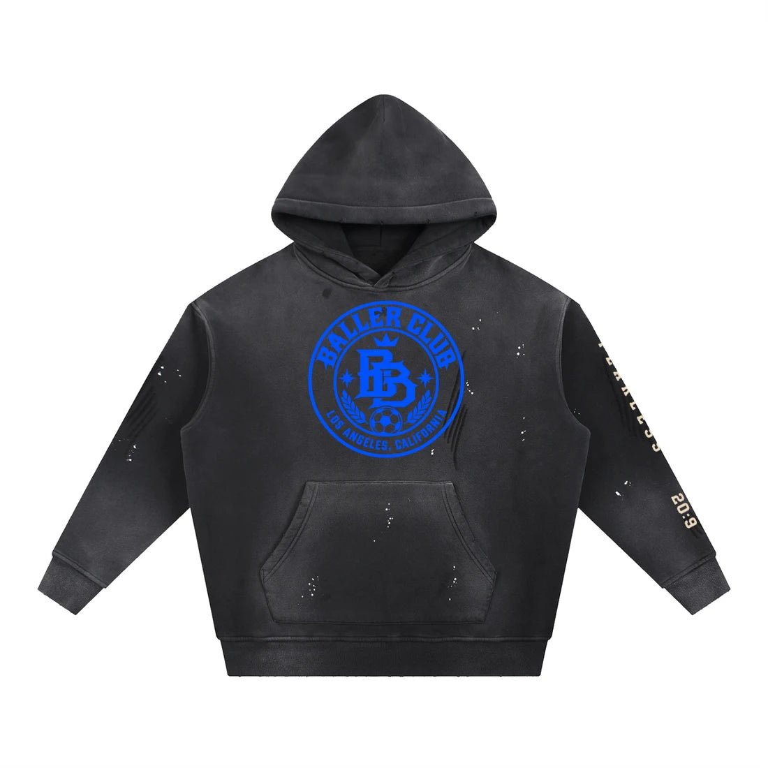 Vintage black Baller Club hoodie with electric blue artwork